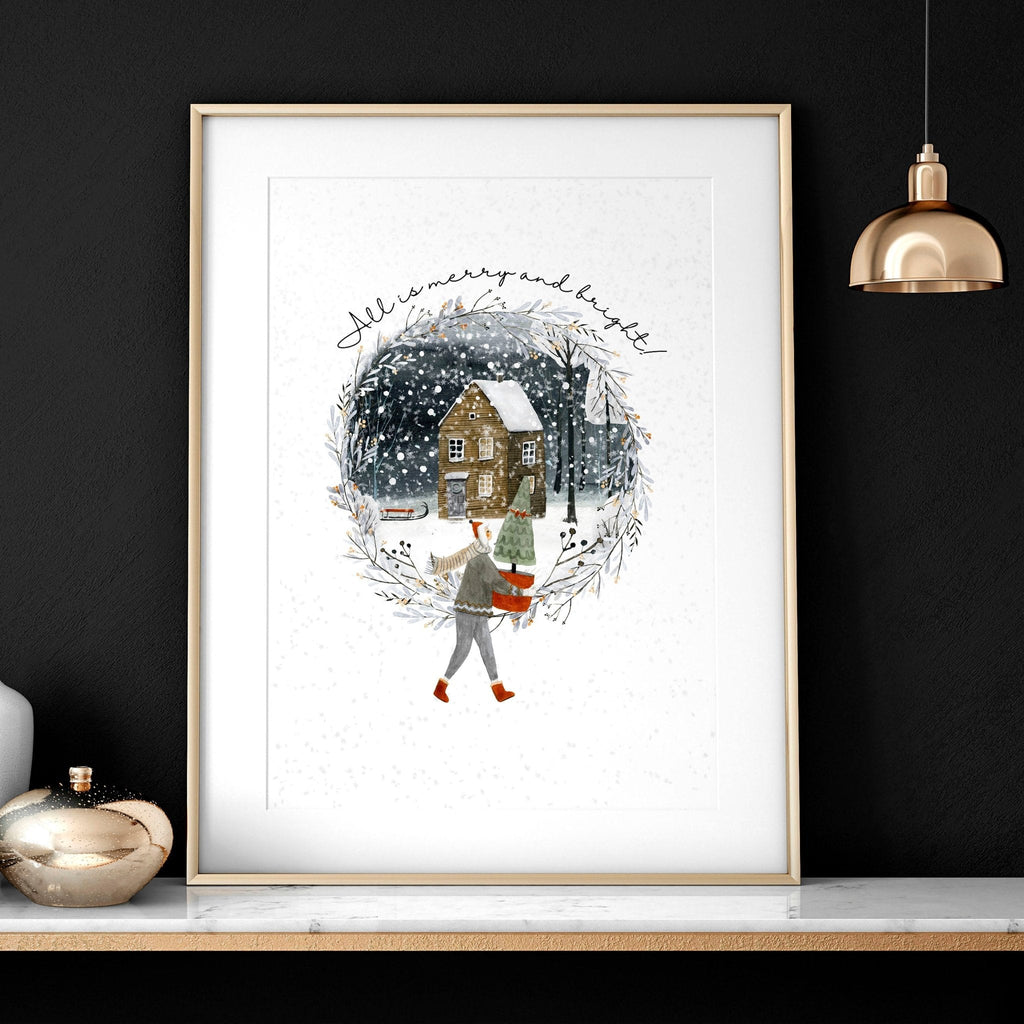 Scandinavian Christmas Village Wall Art Print — Snowy Winter Illustration