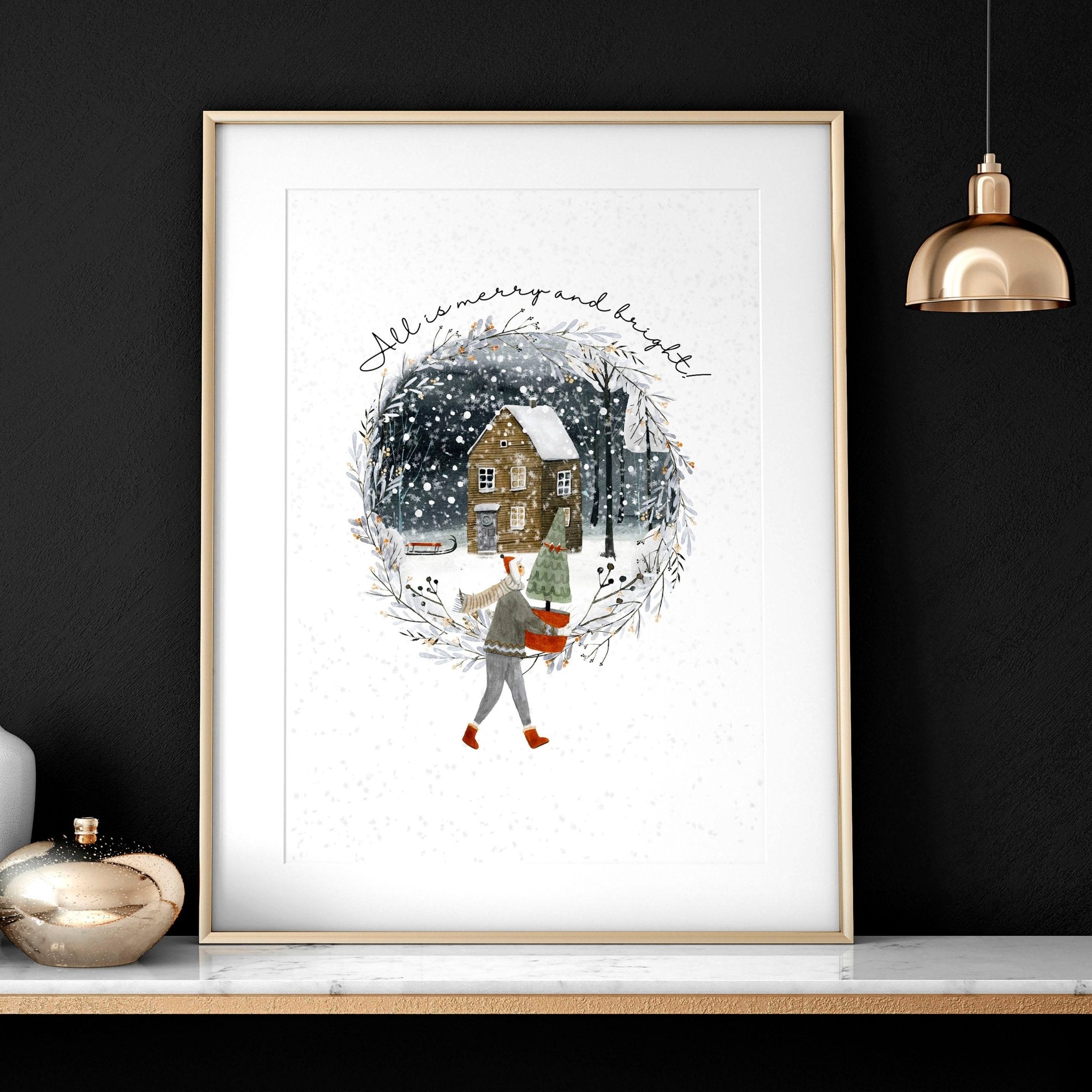 Scandinavian Christmas Village Wall Art Print — Snowy Winter Illustration