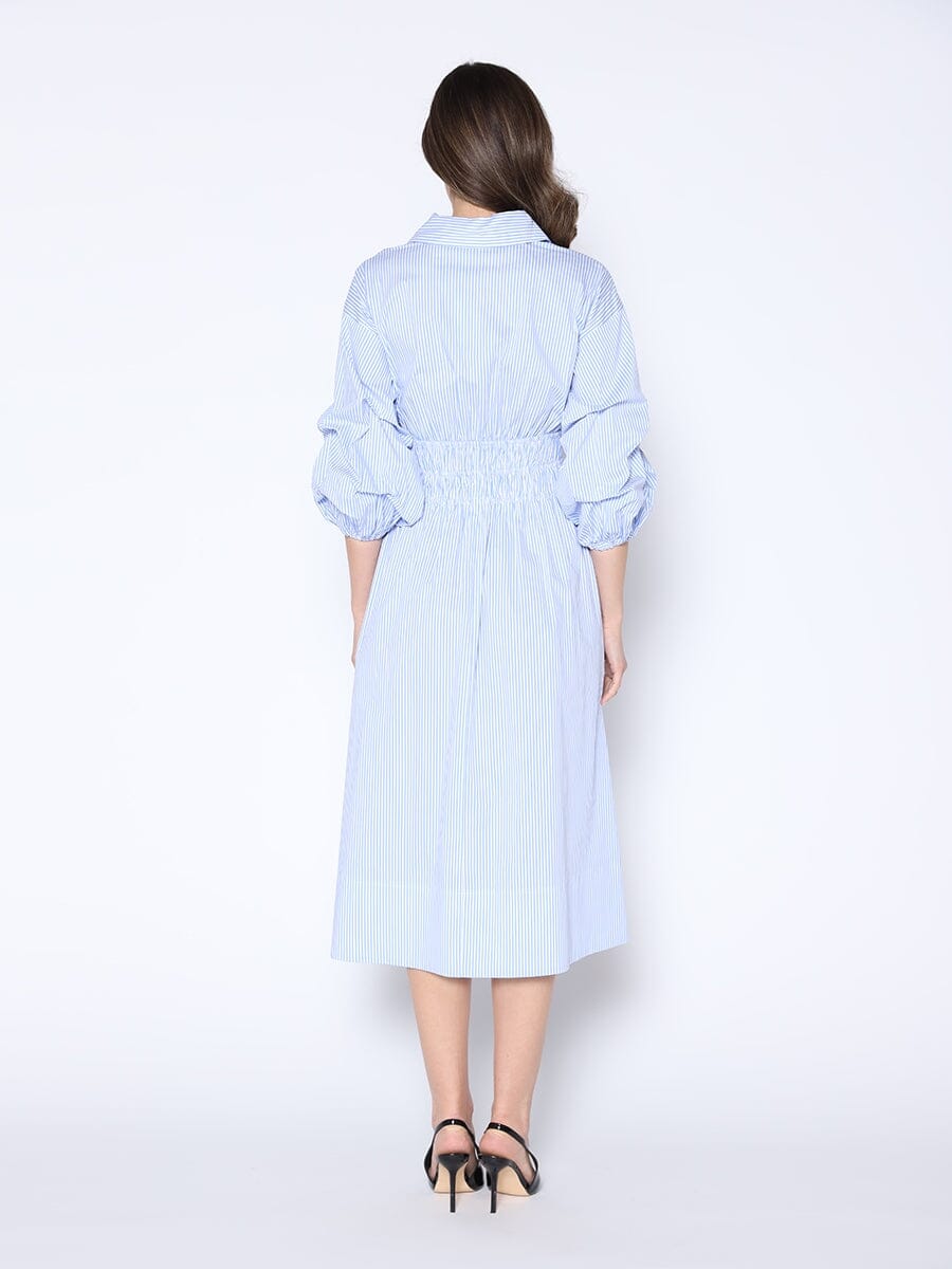 Gracia Fashion Women's Shirred Waist Puff Sleeve Stripe Cotton Dress
