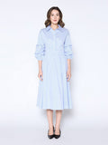 Gracia Fashion Women's Shirred Waist Puff Sleeve Stripe Cotton Dress