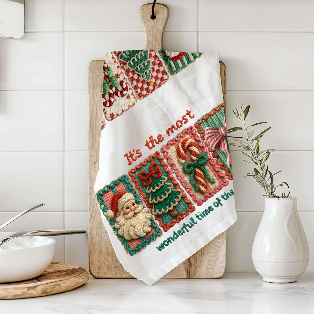 Crochet Style Holiday Tea Towel | Unique Kitchen Christmas Decor