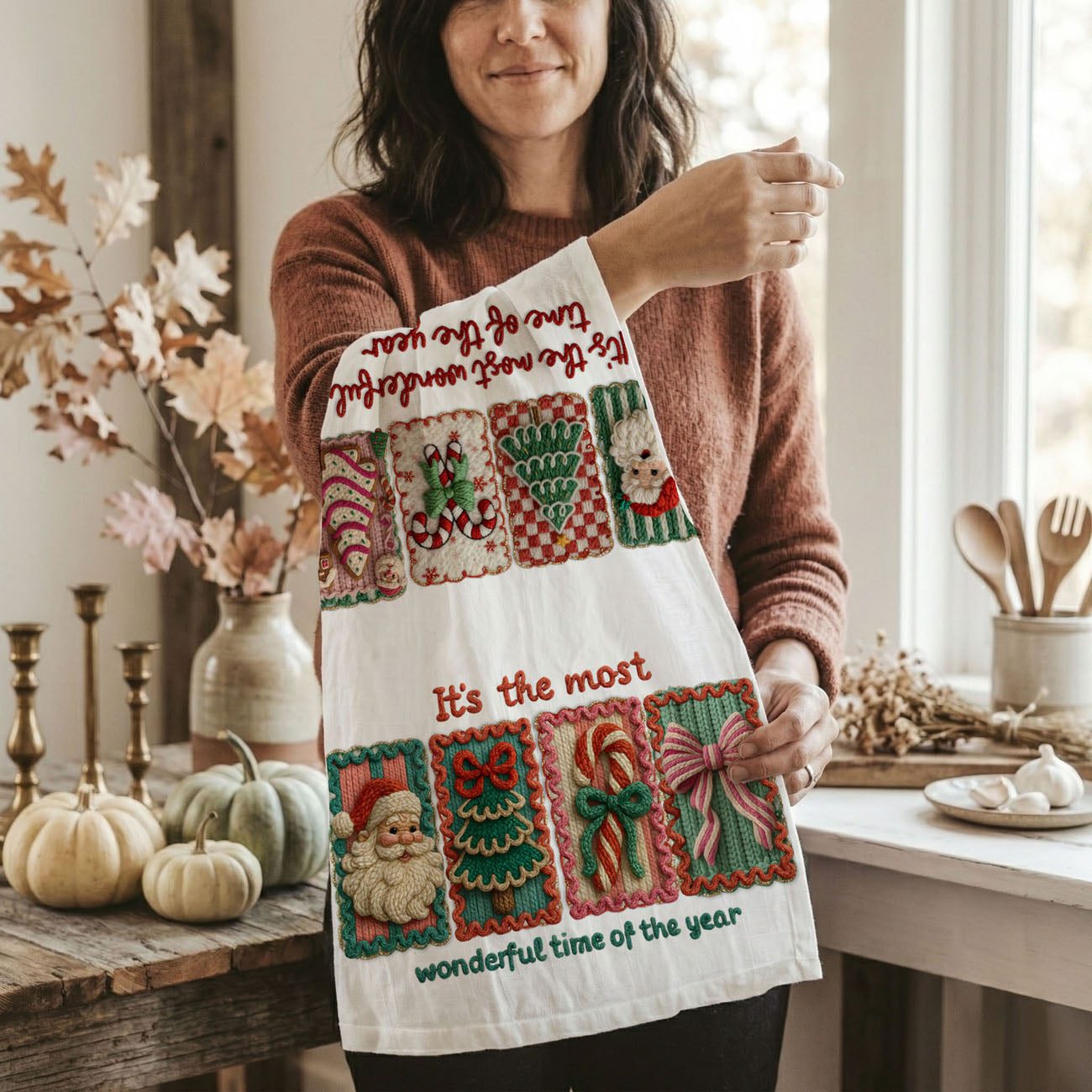 Crochet Style Holiday Tea Towel | Unique Kitchen Christmas Decor