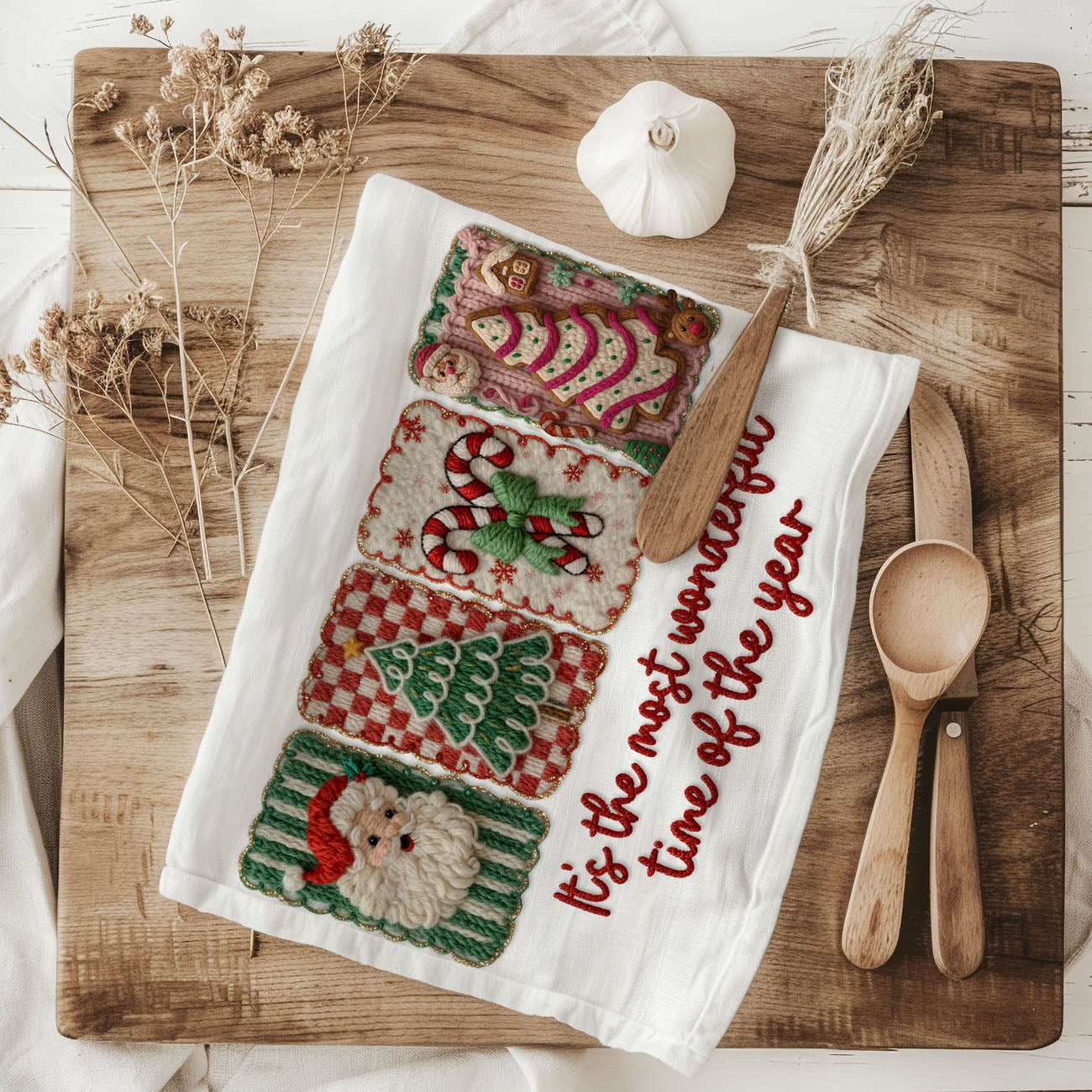 Crochet Style Holiday Tea Towel | Unique Kitchen Christmas Decor
