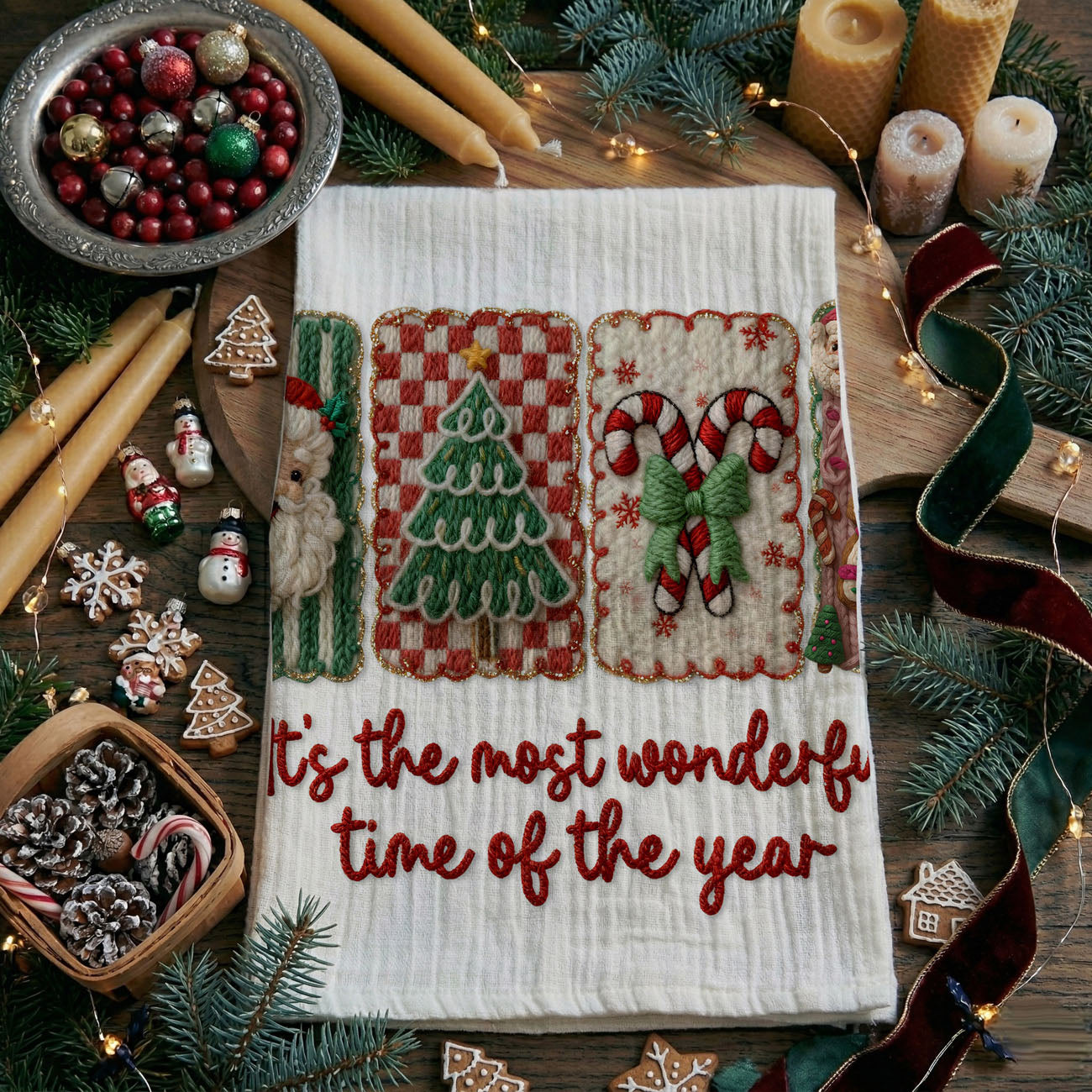Crochet Style Holiday Tea Towel | Unique Kitchen Christmas Decor