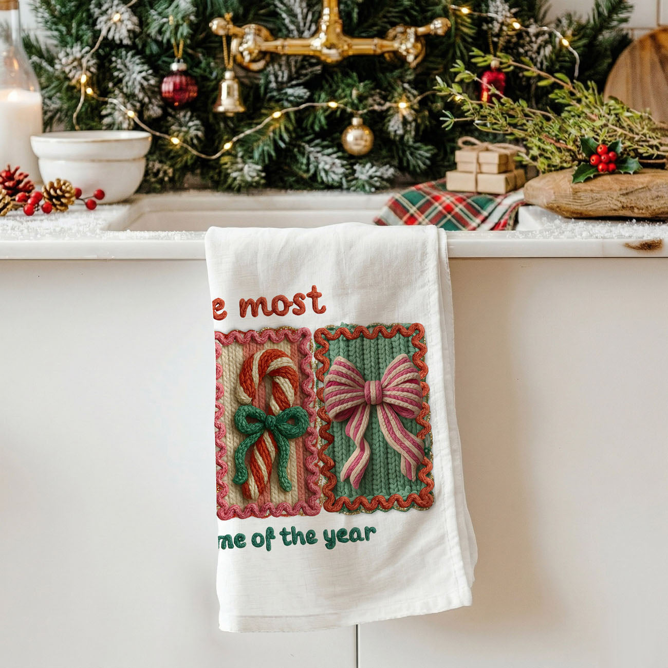 Crochet Style Holiday Tea Towel | Unique Kitchen Christmas Decor