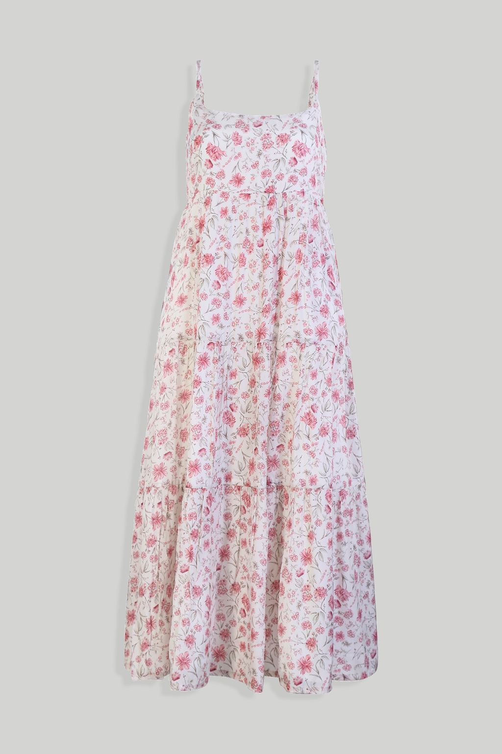 Strappy Gathered Midi Dress in Pink Florals