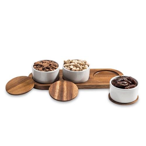 Acacia Wood Condiment Serving Set | 3 Ceramic Bowls with Lids | Charcuterie Board