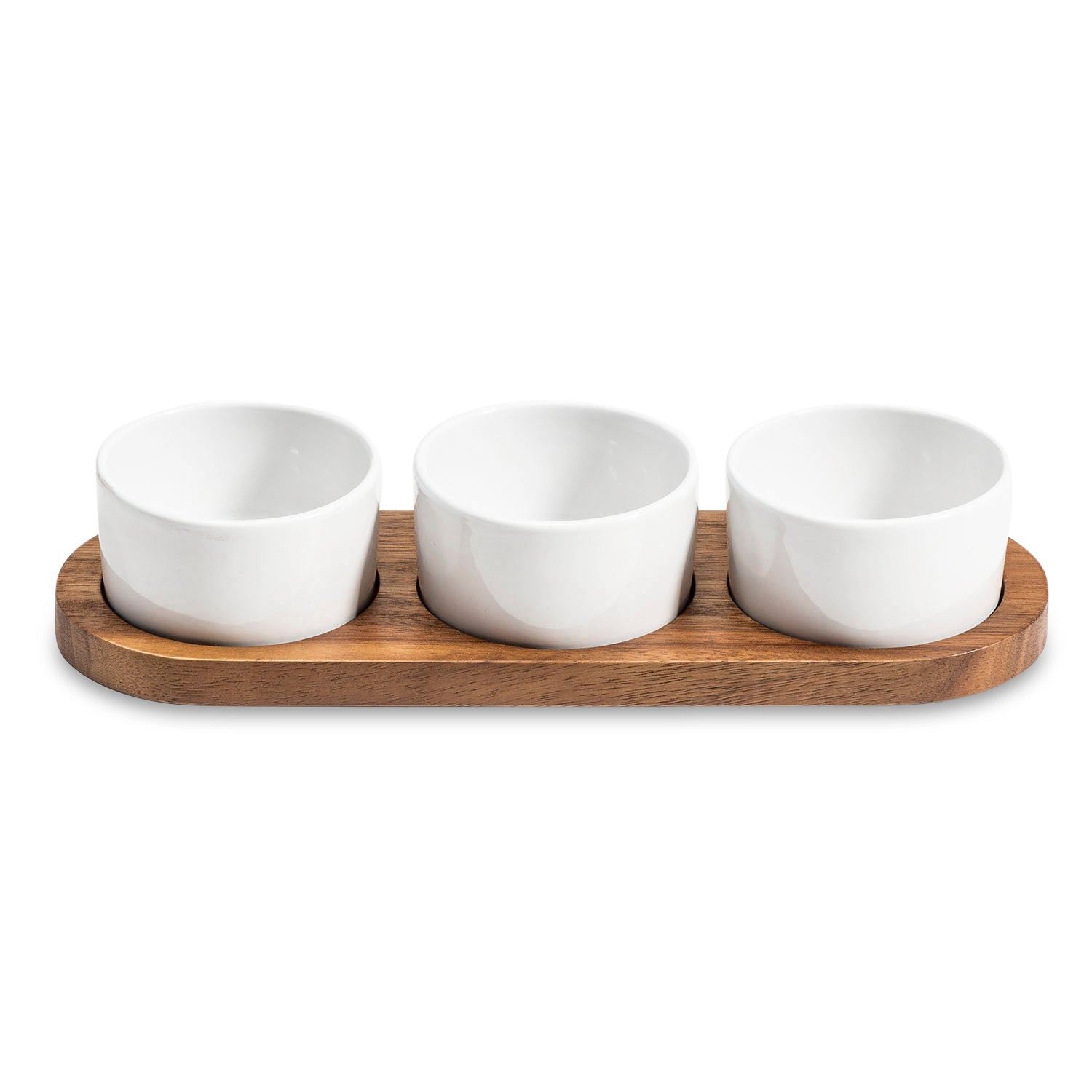 Acacia Wood Condiment Serving Set | 3 Ceramic Bowls with Lids | Charcuterie Board