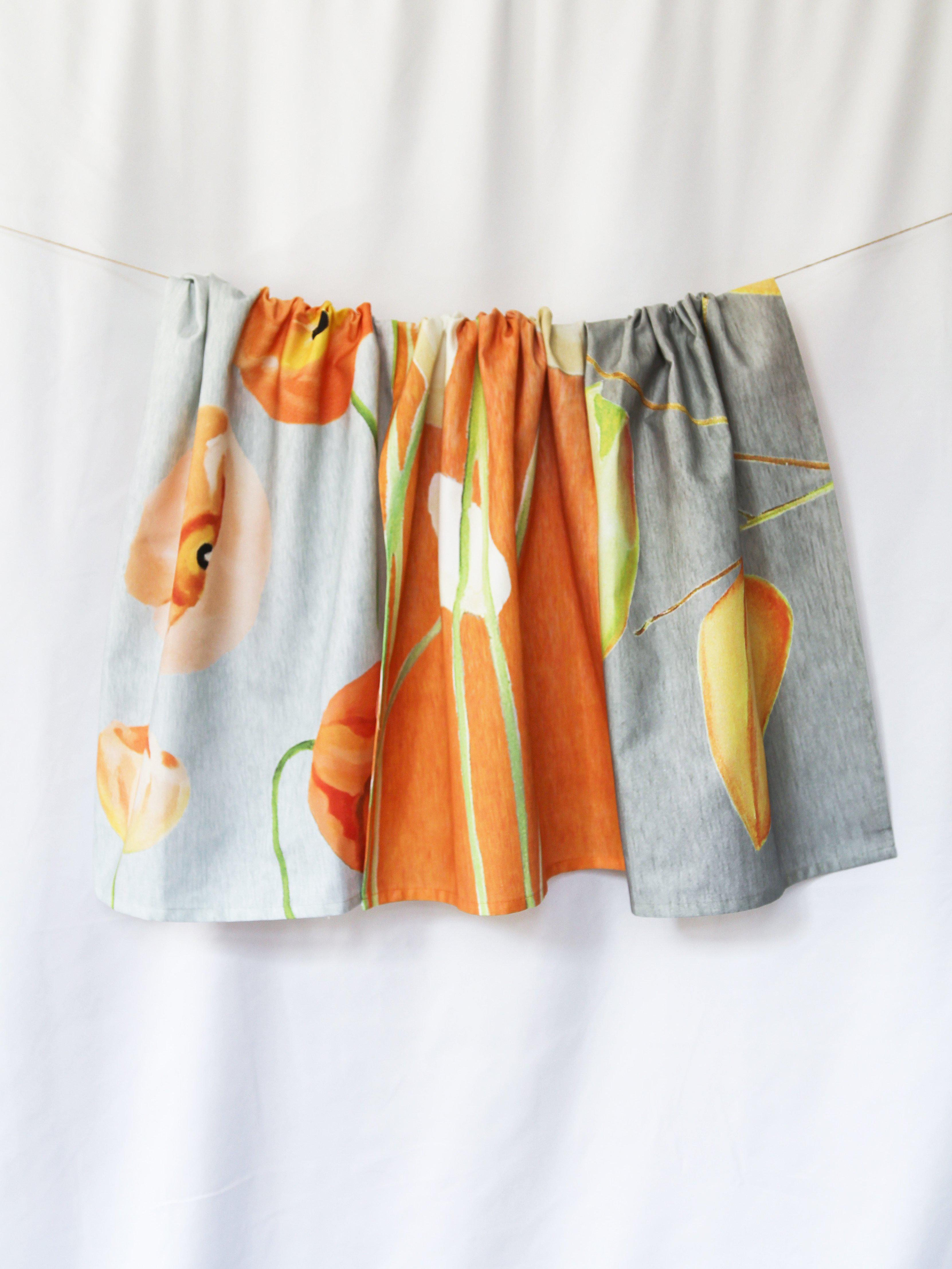 Tea Towel | Cream Chrysanthemums on Orange | Oil-Painted Floral | 100% Cotton | 18.5"x28" | Made in UK | India & Purry