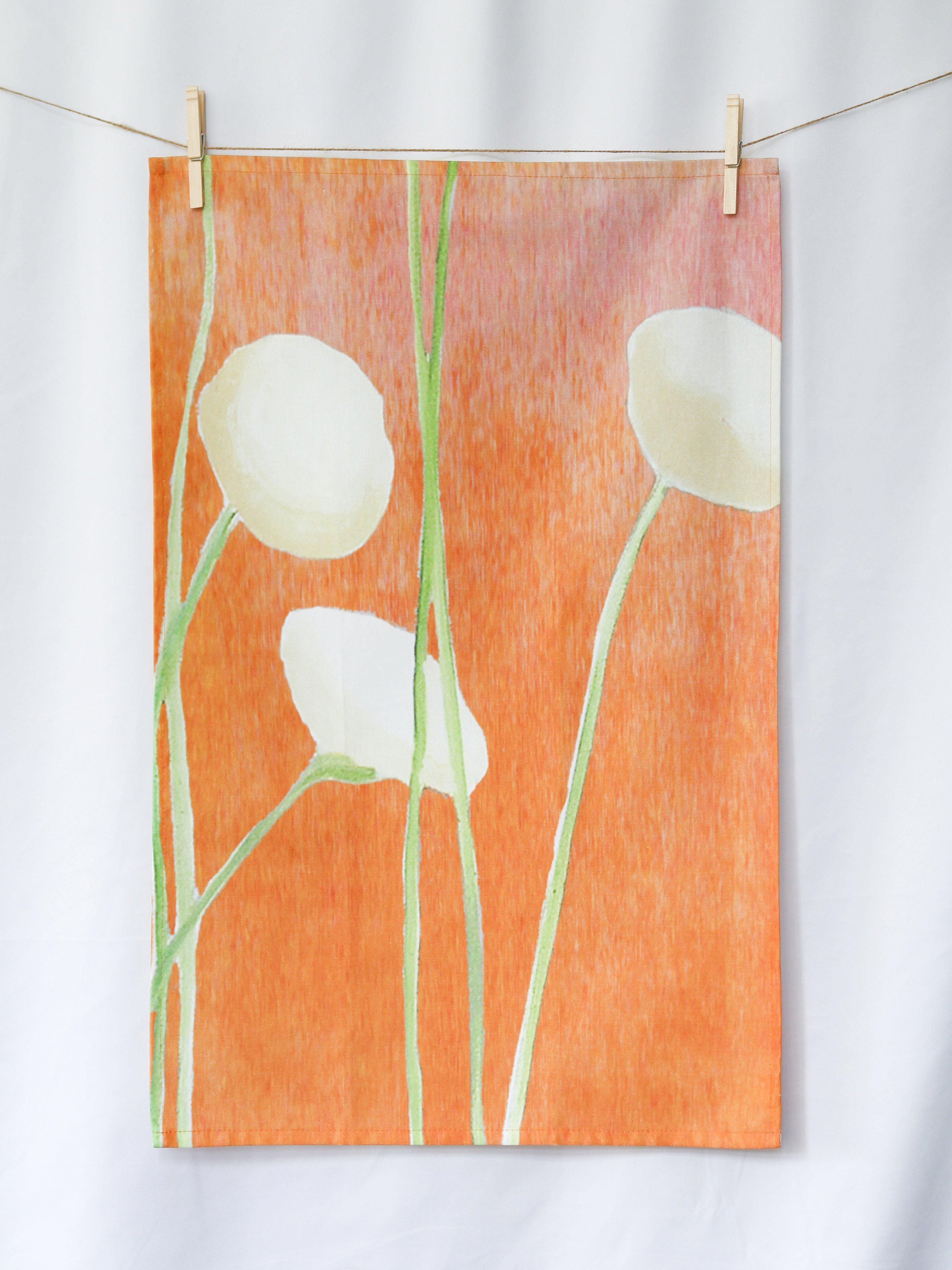 Tea Towel | Cream Chrysanthemums on Orange | Oil-Painted Floral | 100% Cotton | 18.5"x28" | Made in UK | India & Purry