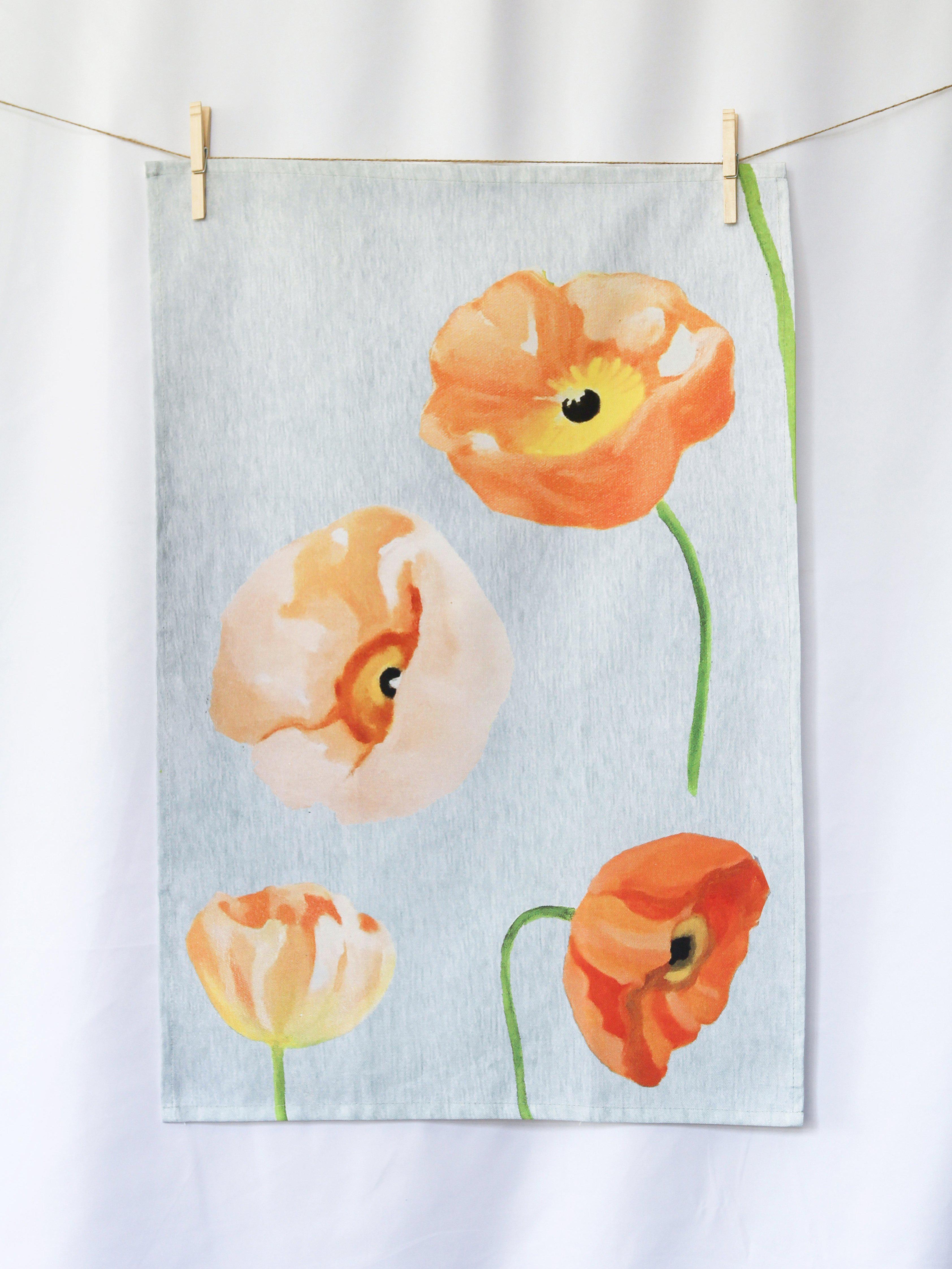 Peach Poppies on Grey Tea Towel | 100% Cotton | Made in the UK | India & Purry by Jessica Hollander