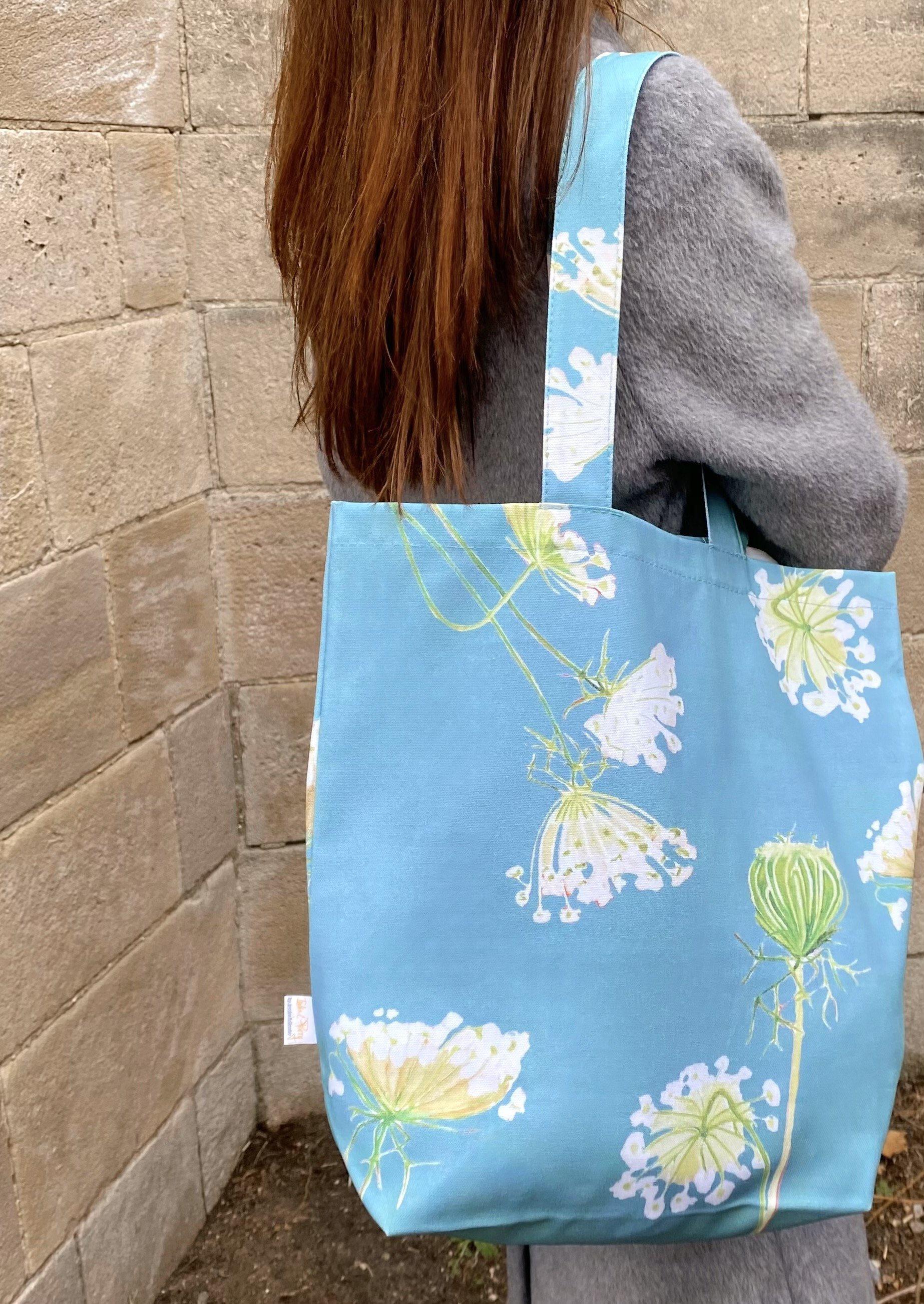 Queen Anne's Lace on Teal Tote Bag | Oil-Painted Botanical Art | Cotton Canvas | 15.5" x 14.5" | Jessica Hollander