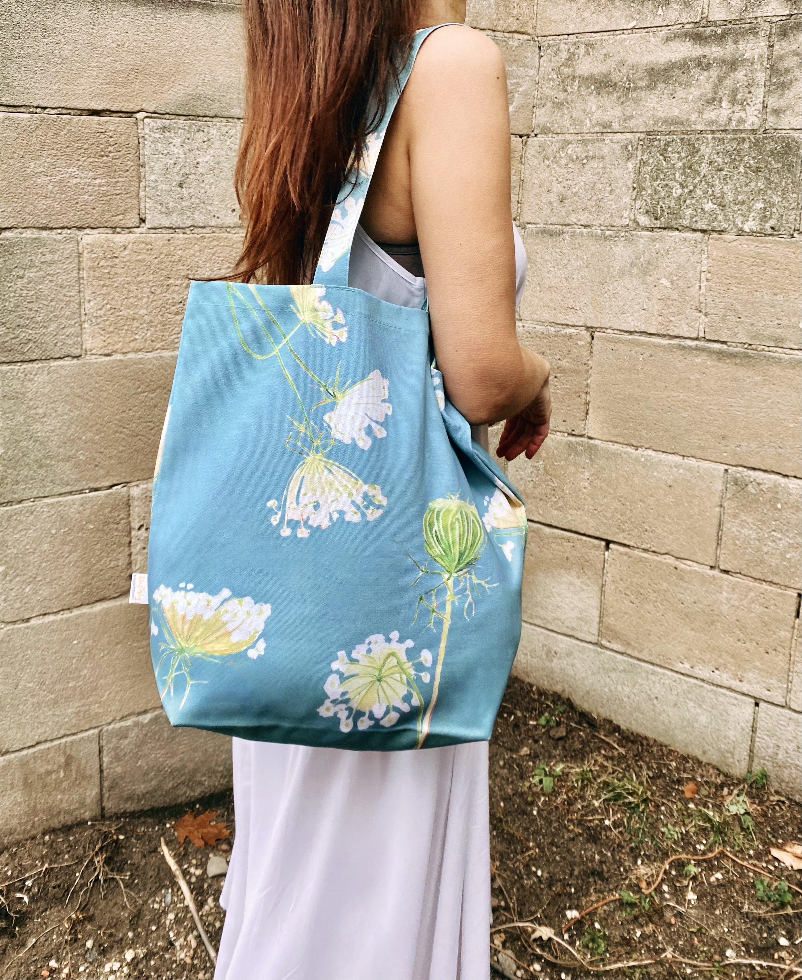 Queen Anne's Lace on Teal Tote Bag | Oil-Painted Botanical Art | Cotton Canvas | 15.5" x 14.5" | Jessica Hollander