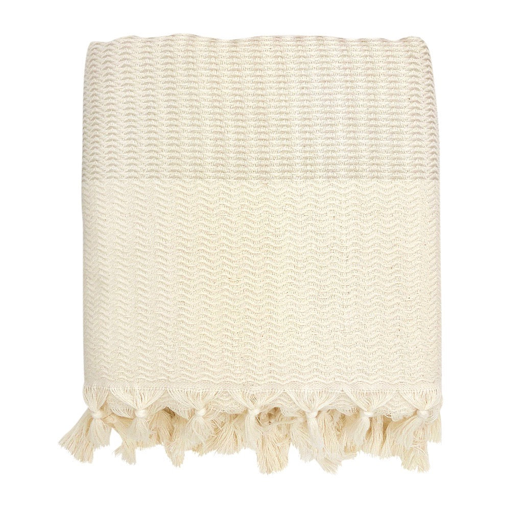 Plush Wavy Turkish Throw | 100% Turkish Cotton | 86"x65" | Hand-Knotted Fringe | 4 Colors | SLATE+SALT