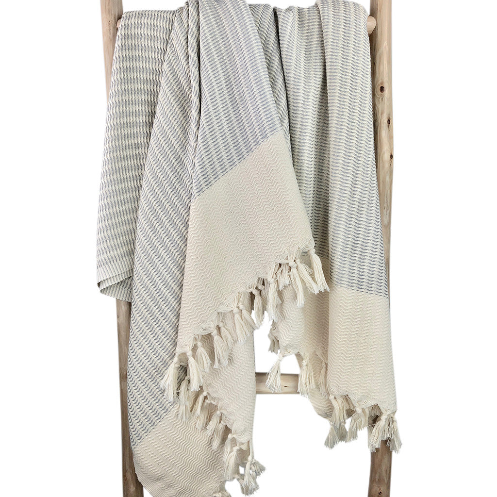 Plush Wavy Turkish Throw | 100% Turkish Cotton | 86"x65" | Hand-Knotted Fringe | 4 Colors | SLATE+SALT