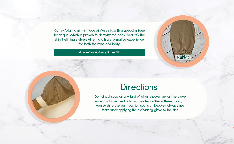 Silk Exfoliating Bath Gloves | 100% Mulberry Silk | Deep Cleansing | Raw Silk & Soft Silk | BeNat
