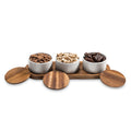 Acacia Wood Condiment Serving Set | 3 Ceramic Bowls with Lids | Charcuterie Board