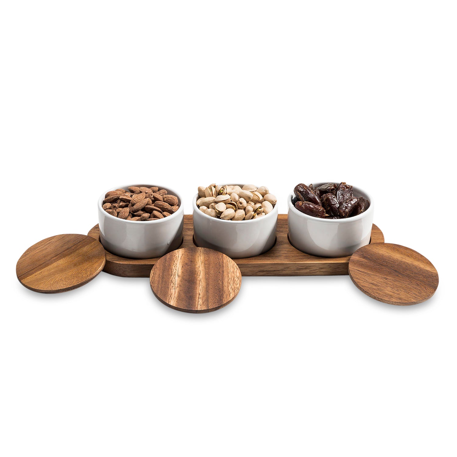 Acacia Wood Condiment Serving Set | 3 Ceramic Bowls with Lids | Charcuterie Board