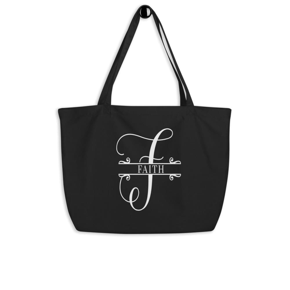 Large Black Tote Bag - Faith Monogram Inspirational Print
