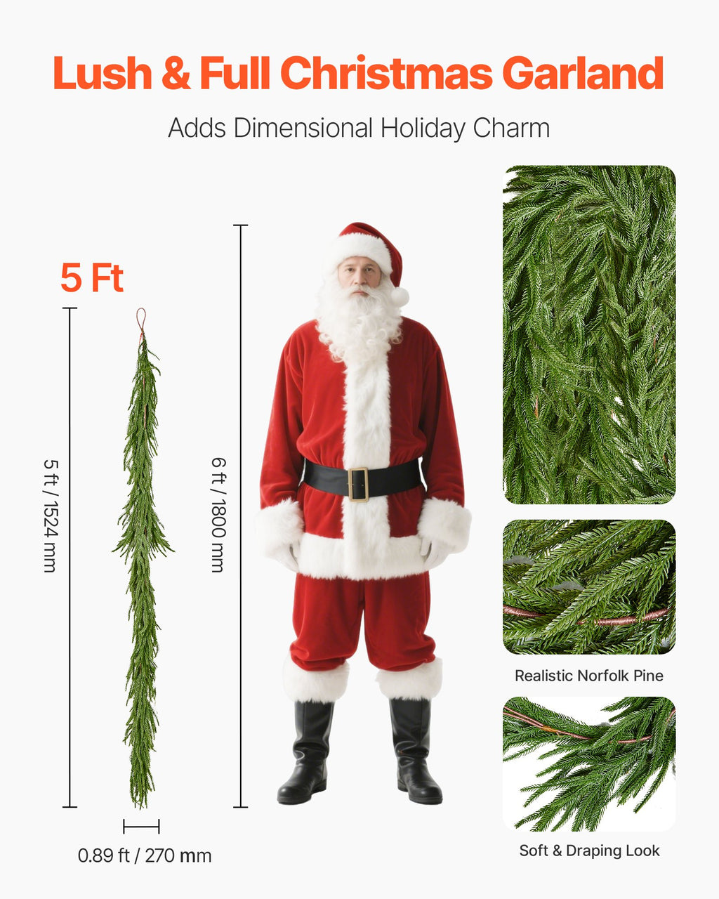 Christmas Garland, 1524 mm Realistic Norfolk Pine Garland, Evergreen