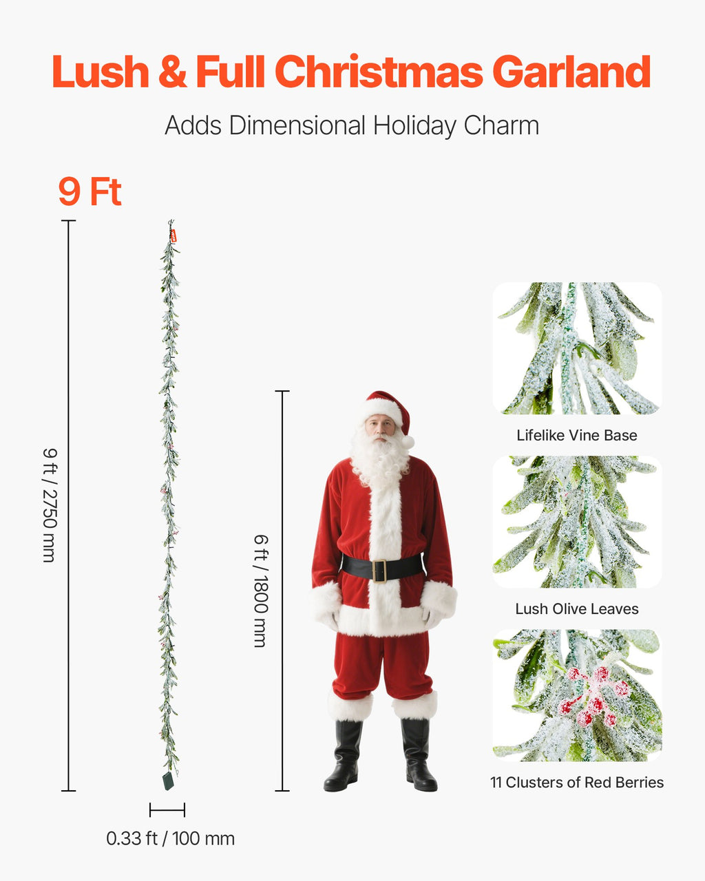 Christmas Garland, 2750 mm Realistic Greenery Decorated with Vines,