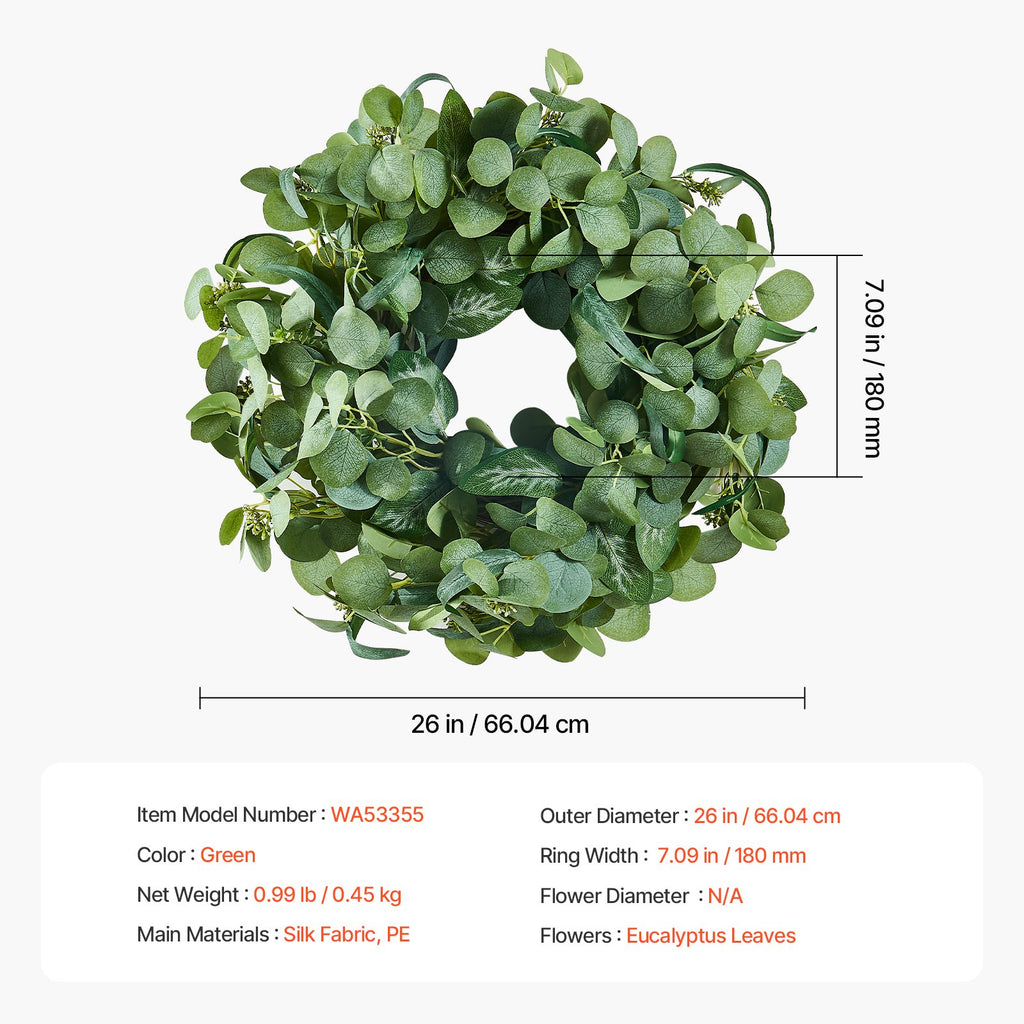 Artificial Decorative Wreath, 26 in, Green, Decorated with Eucalyptus