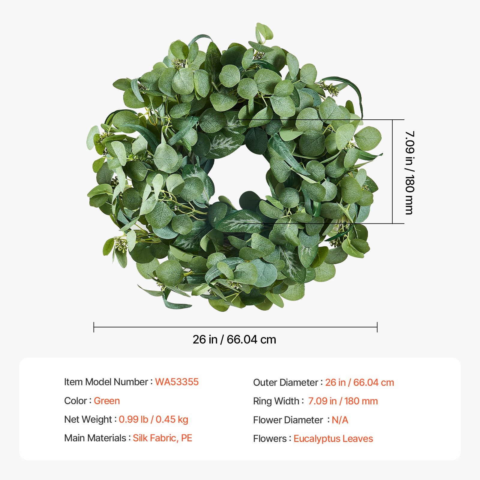 Artificial Decorative Wreath, 26 in, Green, Decorated with Eucalyptus