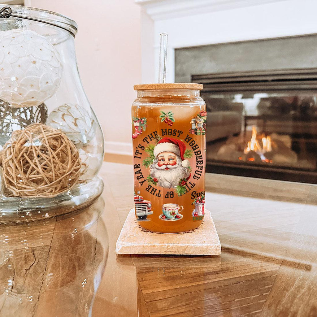 Vintage Christmas Can Cup — 17 oz Glass with Bamboo Lid