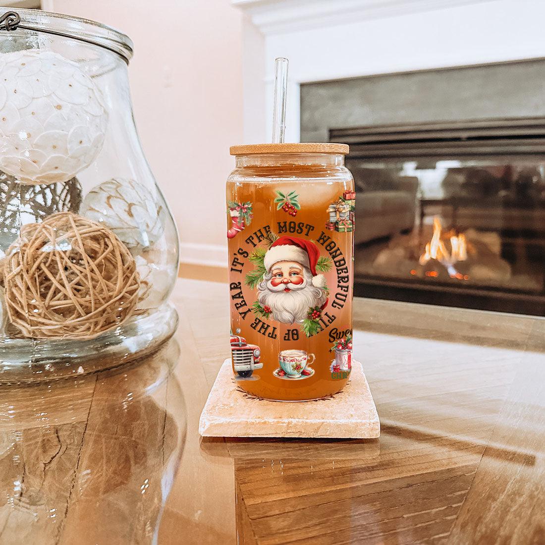 Vintage Christmas Can Cup — 17 oz Glass with Bamboo Lid