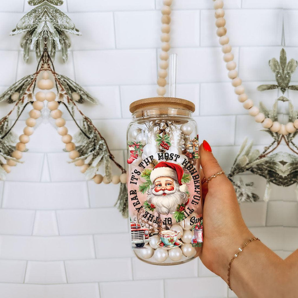 Vintage Christmas Can Cup — 17 oz Glass with Bamboo Lid