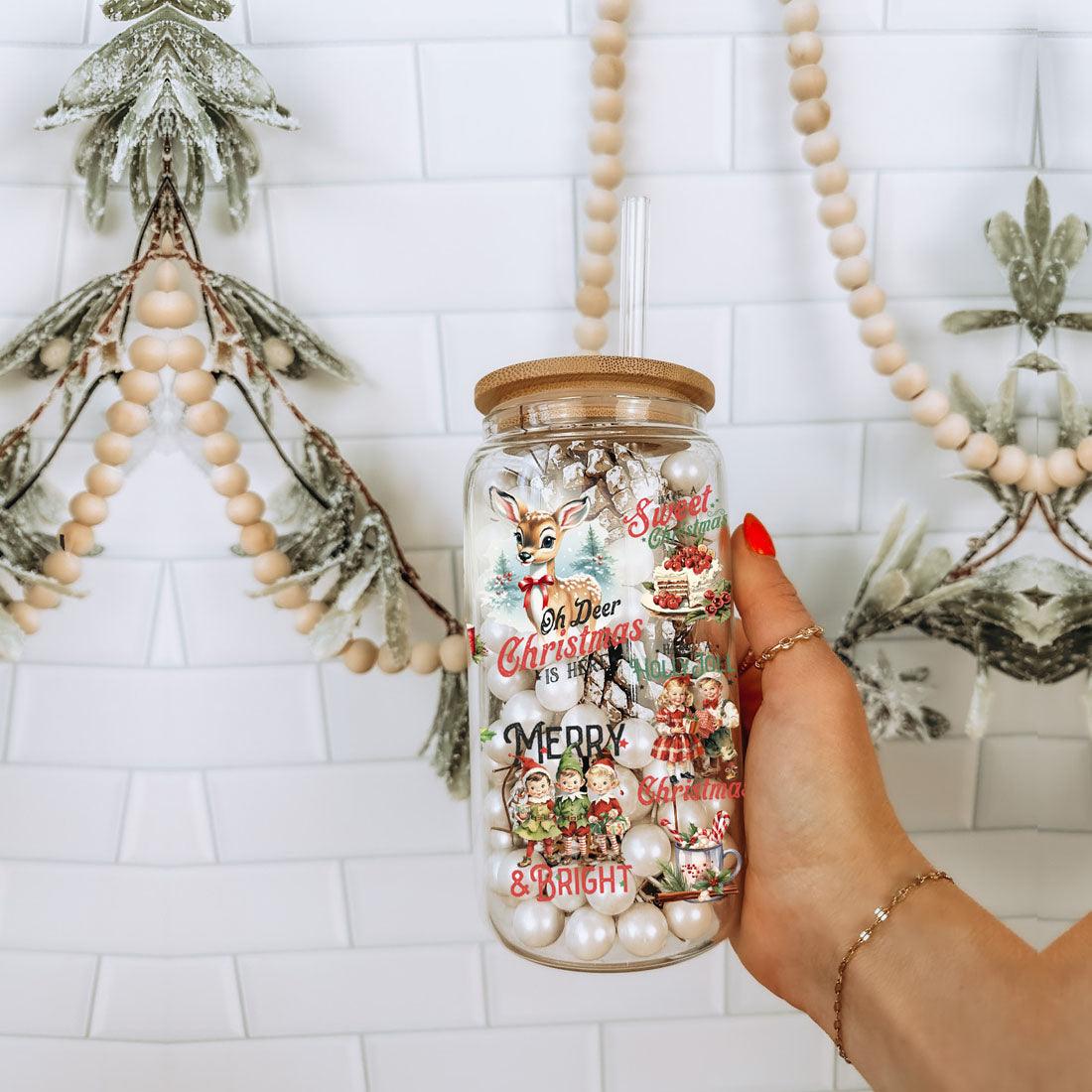 Vintage Christmas Can Cup — 17 oz Glass with Bamboo Lid