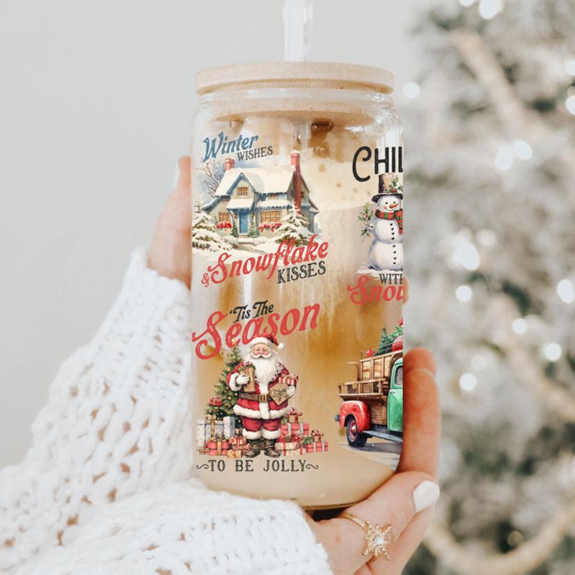 Vintage Christmas Can Cup — 17 oz Glass with Bamboo Lid