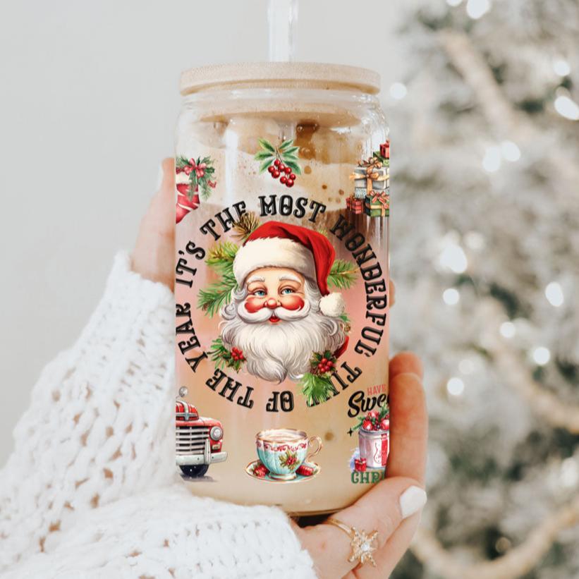Vintage Christmas Can Cup — 17 oz Glass with Bamboo Lid