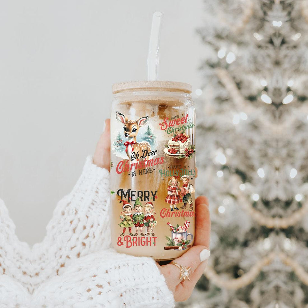 Vintage Christmas Can Cup — 17 oz Glass with Bamboo Lid