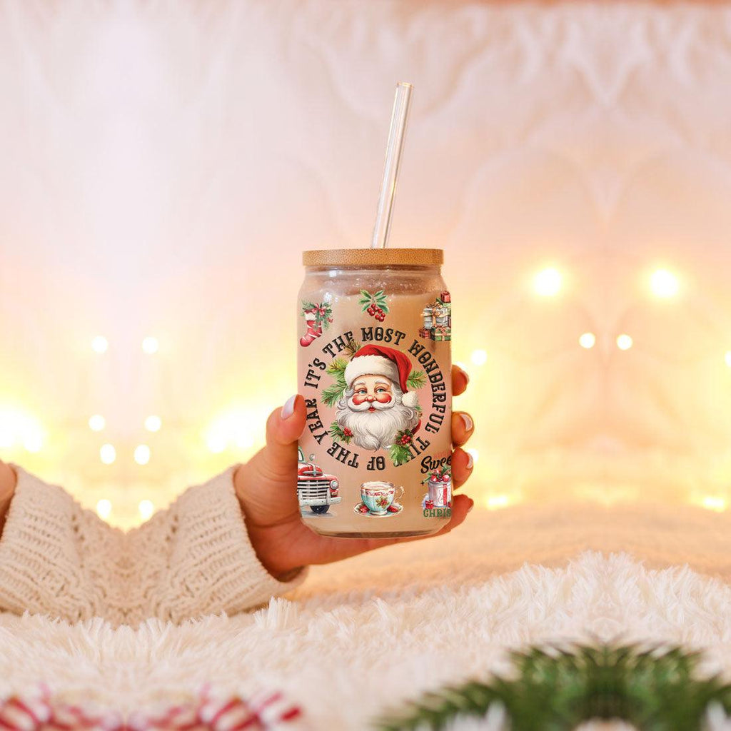 Vintage Christmas Can Cup — 17 oz Glass with Bamboo Lid