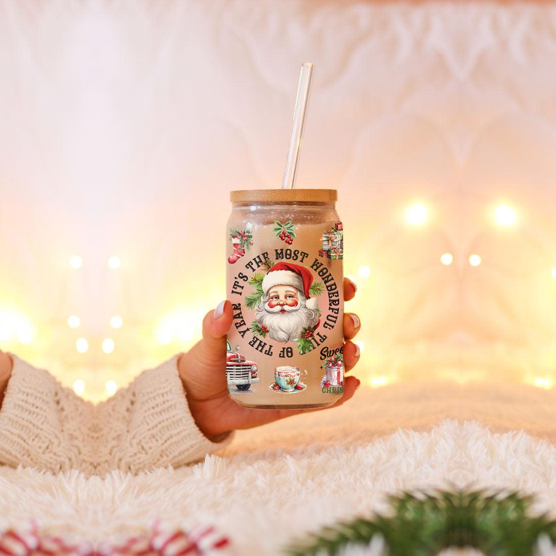 Vintage Christmas Can Cup — 17 oz Glass with Bamboo Lid