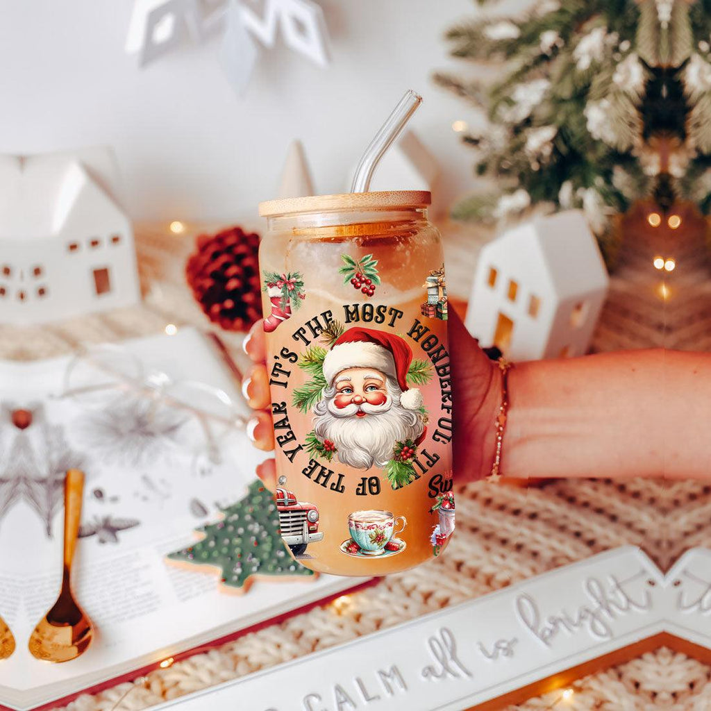 Vintage Christmas Can Cup — 17 oz Glass with Bamboo Lid