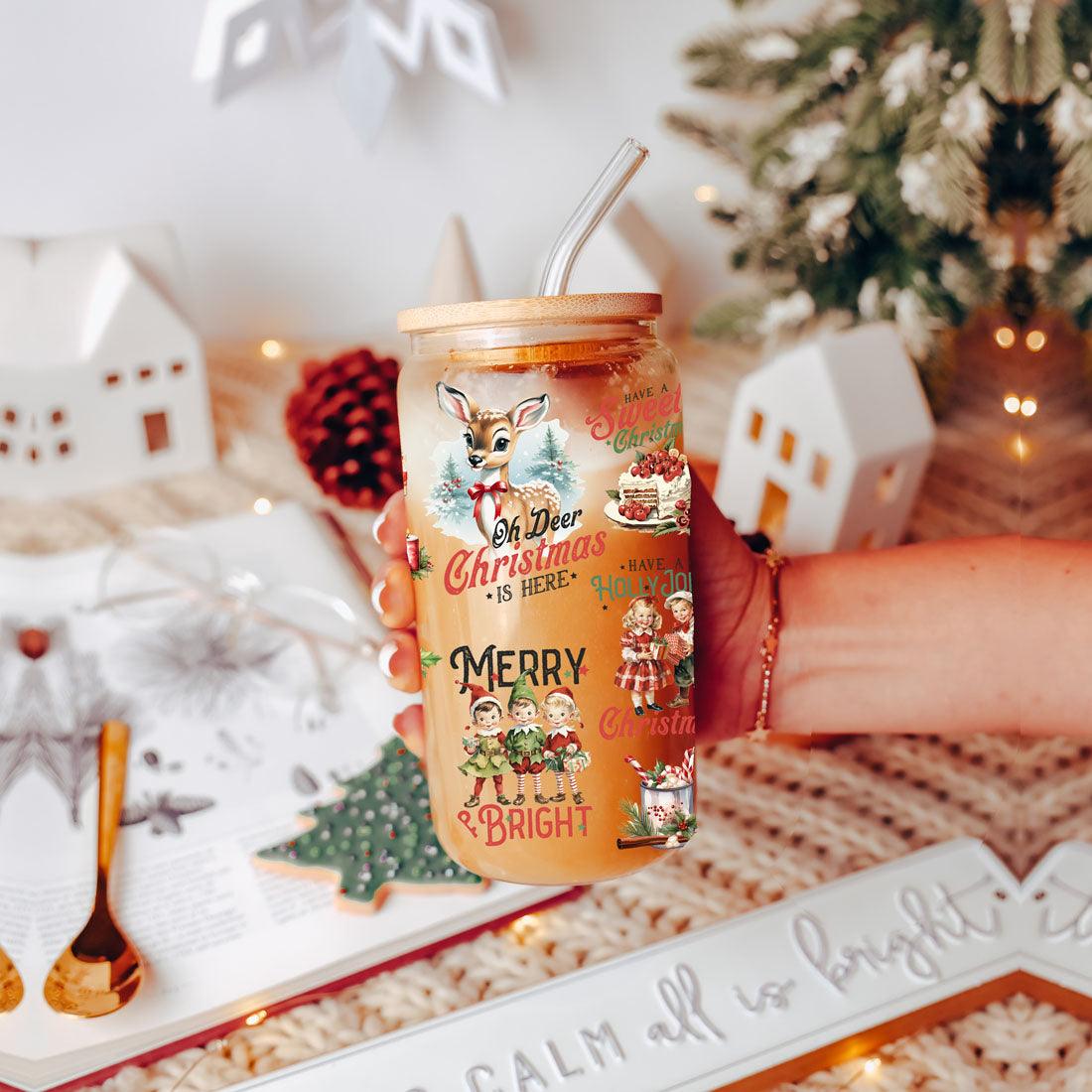 Vintage Christmas Can Cup — 17 oz Glass with Bamboo Lid