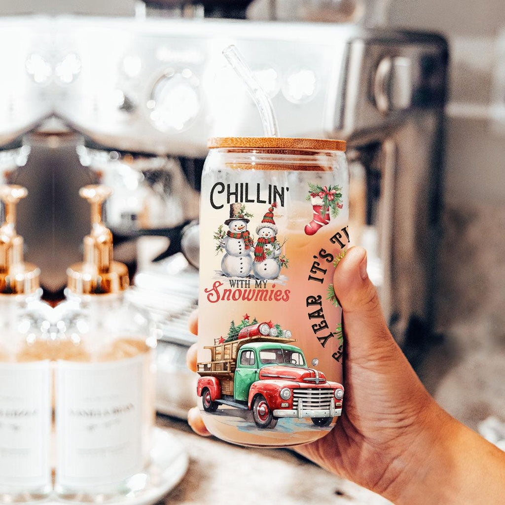 Vintage Christmas Can Cup — 17 oz Glass with Bamboo Lid