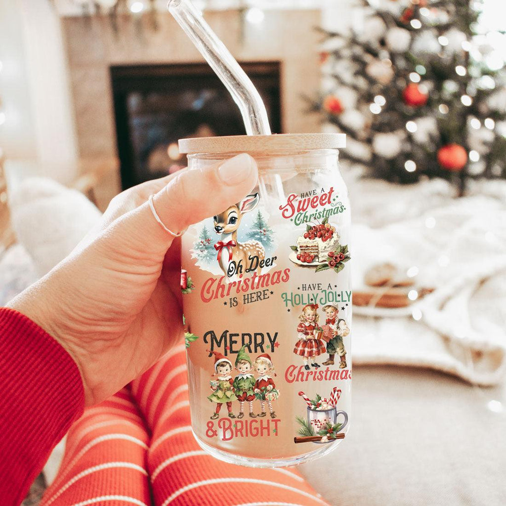 Vintage Christmas Can Cup — 17 oz Glass with Bamboo Lid