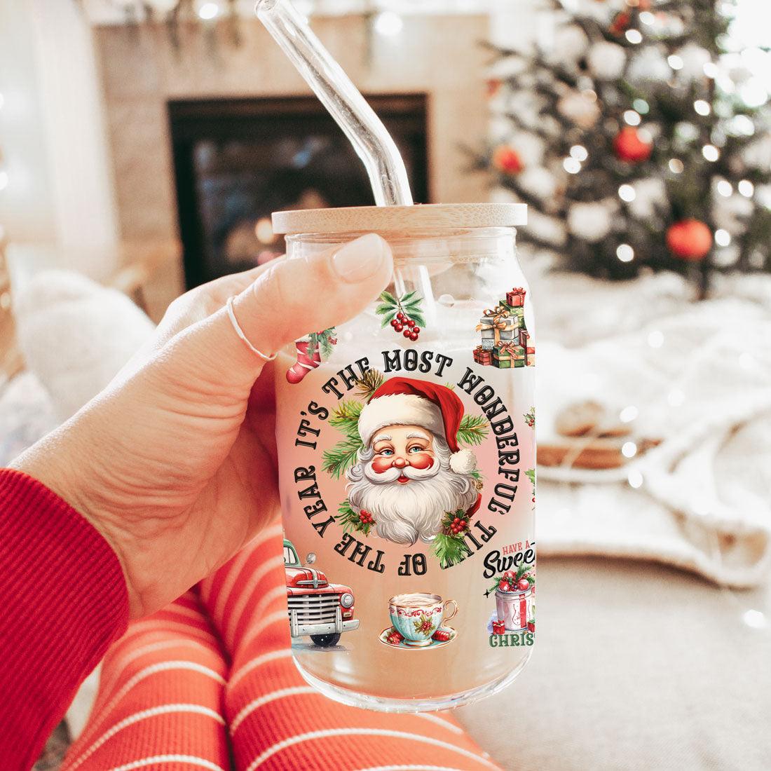 Vintage Christmas Can Cup — 17 oz Glass with Bamboo Lid