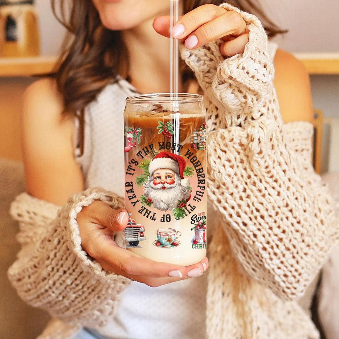 Vintage Christmas Can Cup — 17 oz Glass with Bamboo Lid