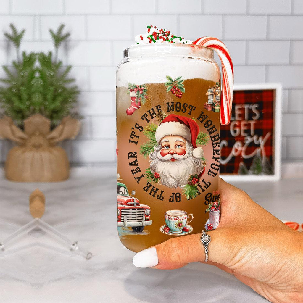 Vintage Christmas Can Cup — 17 oz Glass with Bamboo Lid