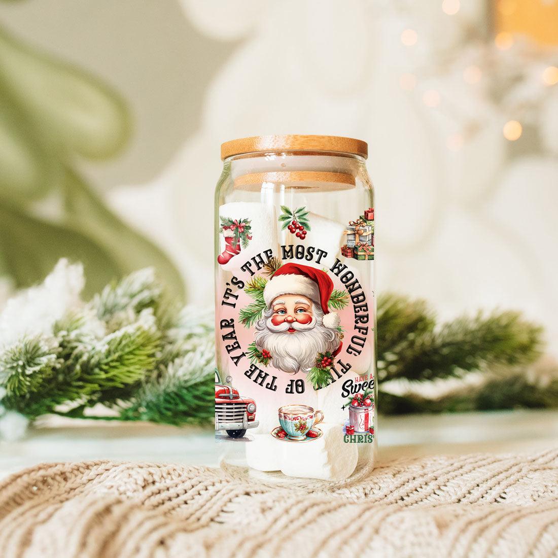 Vintage Christmas Can Cup — 17 oz Glass with Bamboo Lid