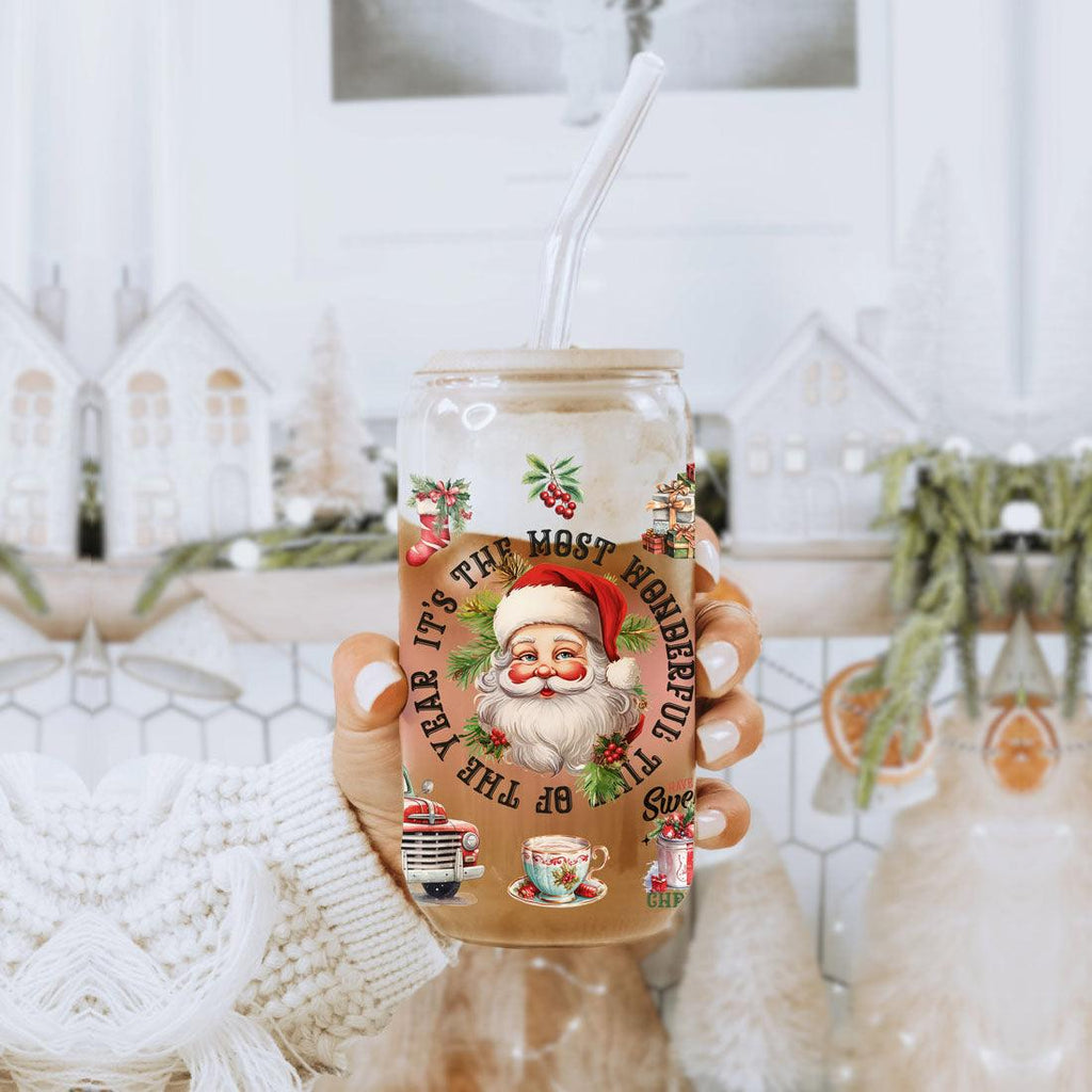 Vintage Christmas Can Cup — 17 oz Glass with Bamboo Lid