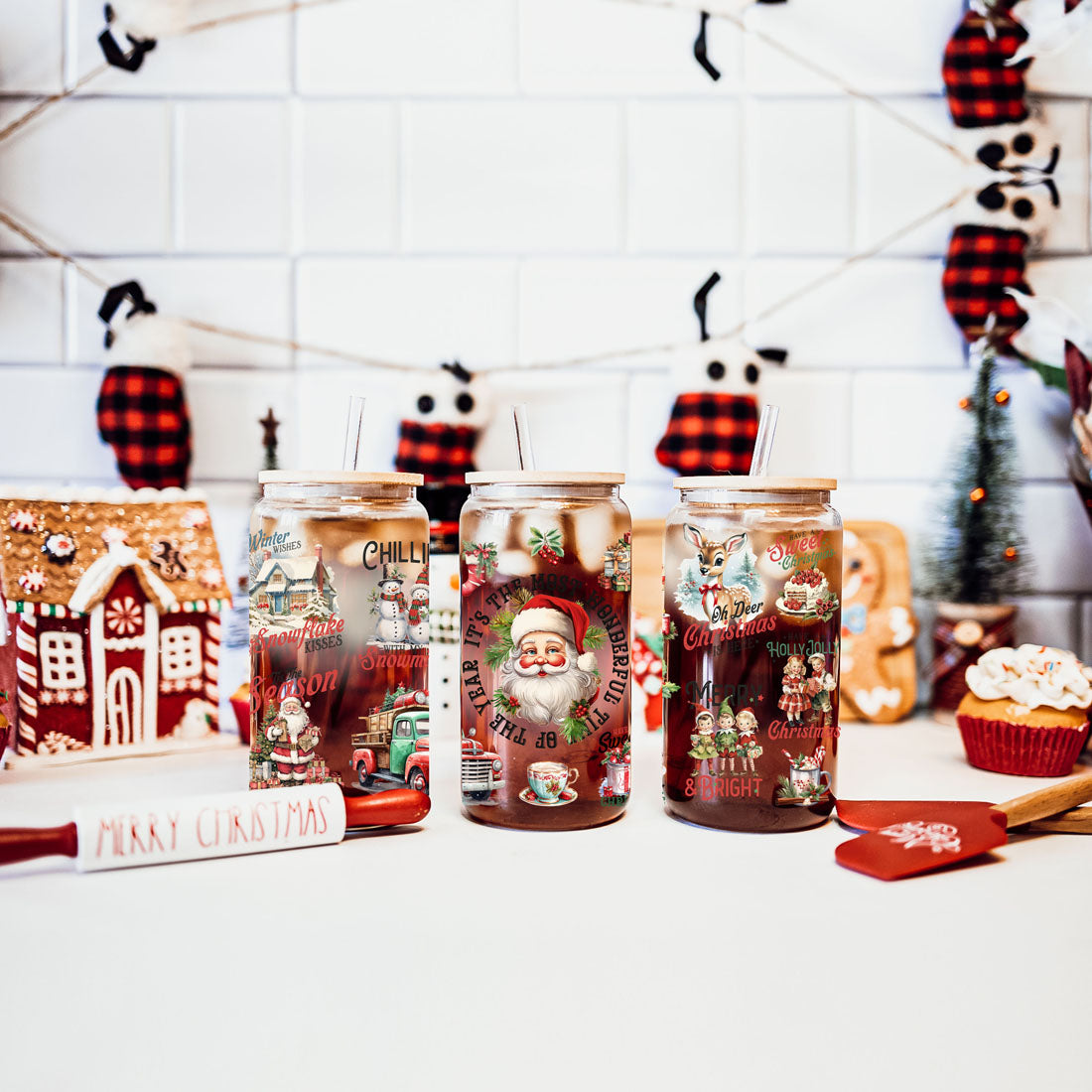 Vintage Christmas Can Cup — 17 oz Glass with Bamboo Lid