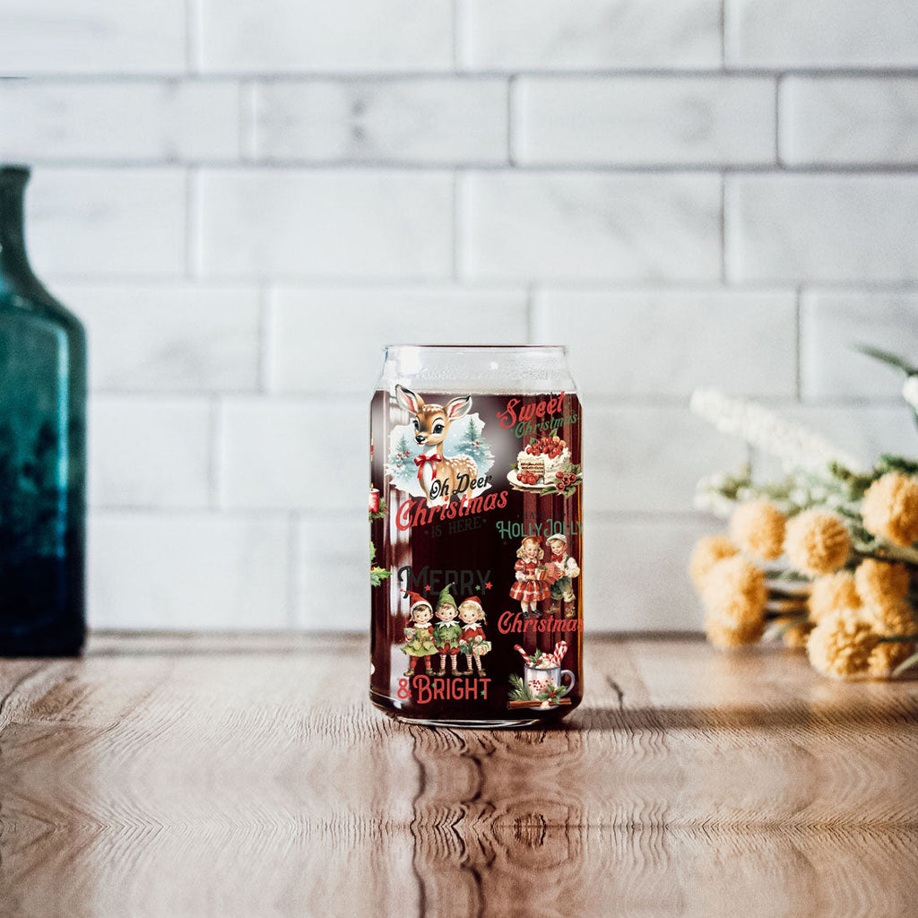 Vintage Christmas Can Cup — 17 oz Glass with Bamboo Lid