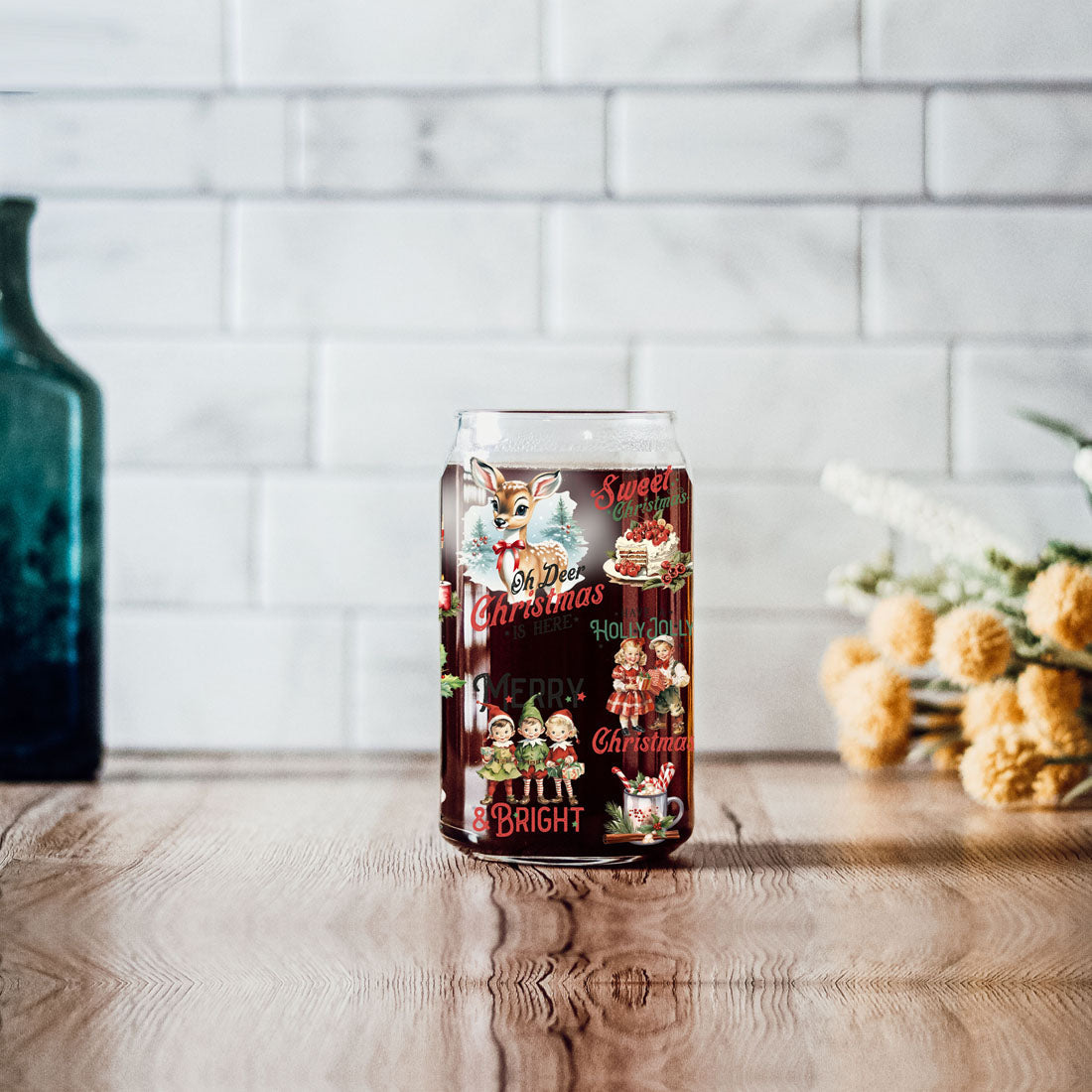 Vintage Christmas Can Cup — 17 oz Glass with Bamboo Lid