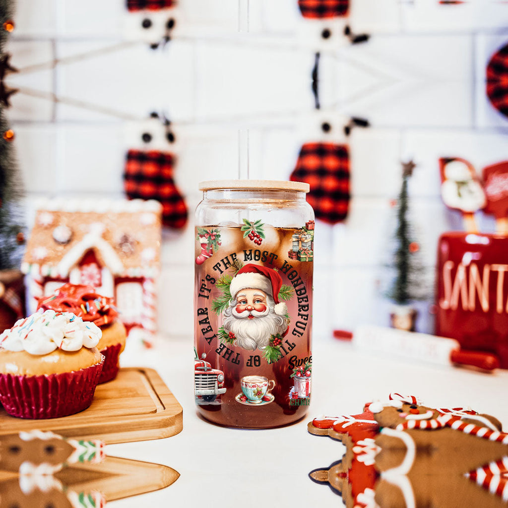 Vintage Christmas Can Cup — 17 oz Glass with Bamboo Lid