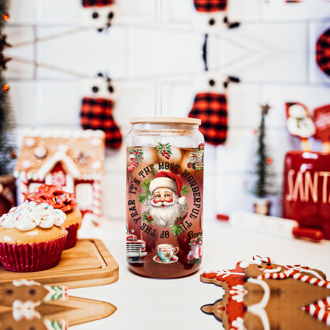 Vintage Christmas Can Cup — 17 oz Glass with Bamboo Lid